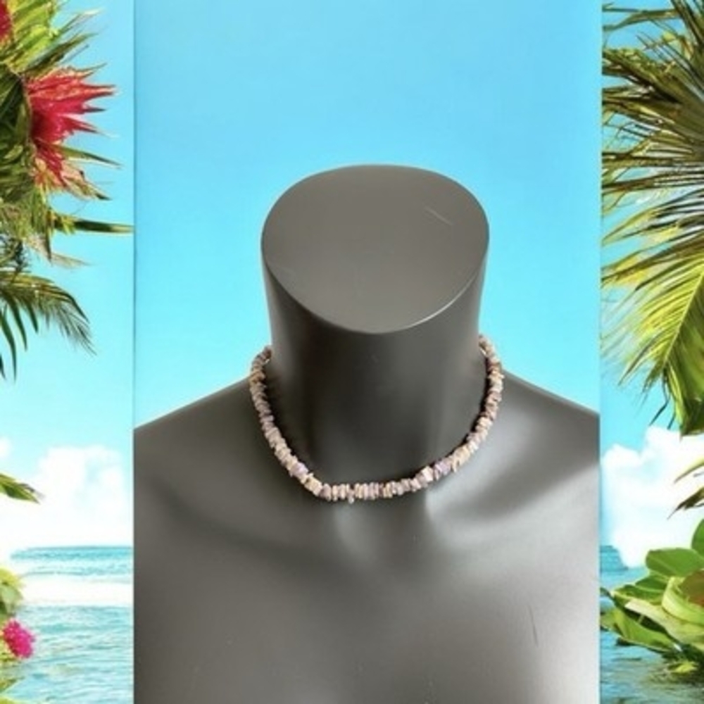 Puka Seashell Chips Bead Necklace Purple & White Hawaiian Necklace Boho NWOT 16"